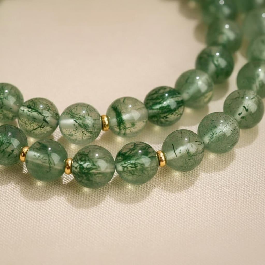 Pulsera de doble vuelta de Cuarzo Fresa y Ágata Hierba Acuática — Colección Bloom
