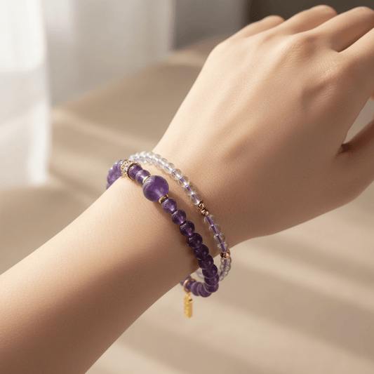 Amethyst & Crystal Quartz Lucky Sign Double-Wrap Bracelet — Twilight Collection - Ocean Rielle Studio