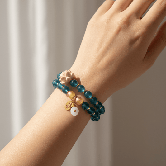 Blue Candy Agate Double-Wrap Lucky Lotus Bracelet — Tide Collection - Ocean Rielle Studio