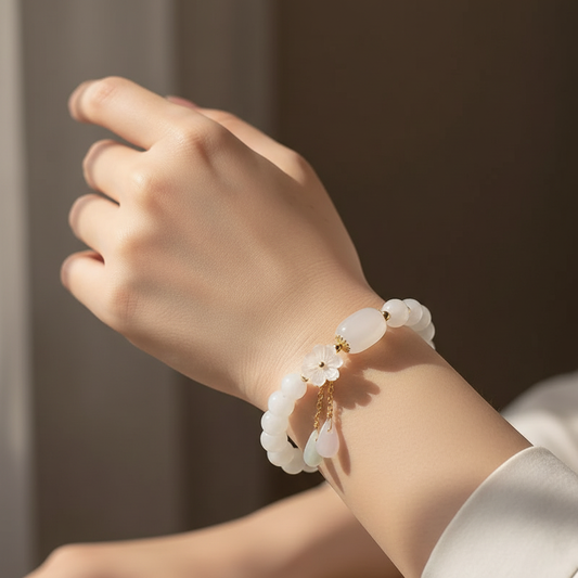 White Jade bracelet worn on wrist — natural window light