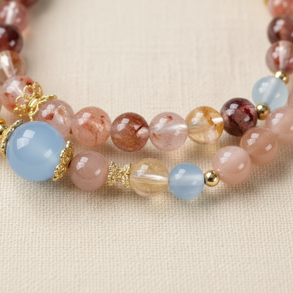 Golden sunstone and garnet bead detail
