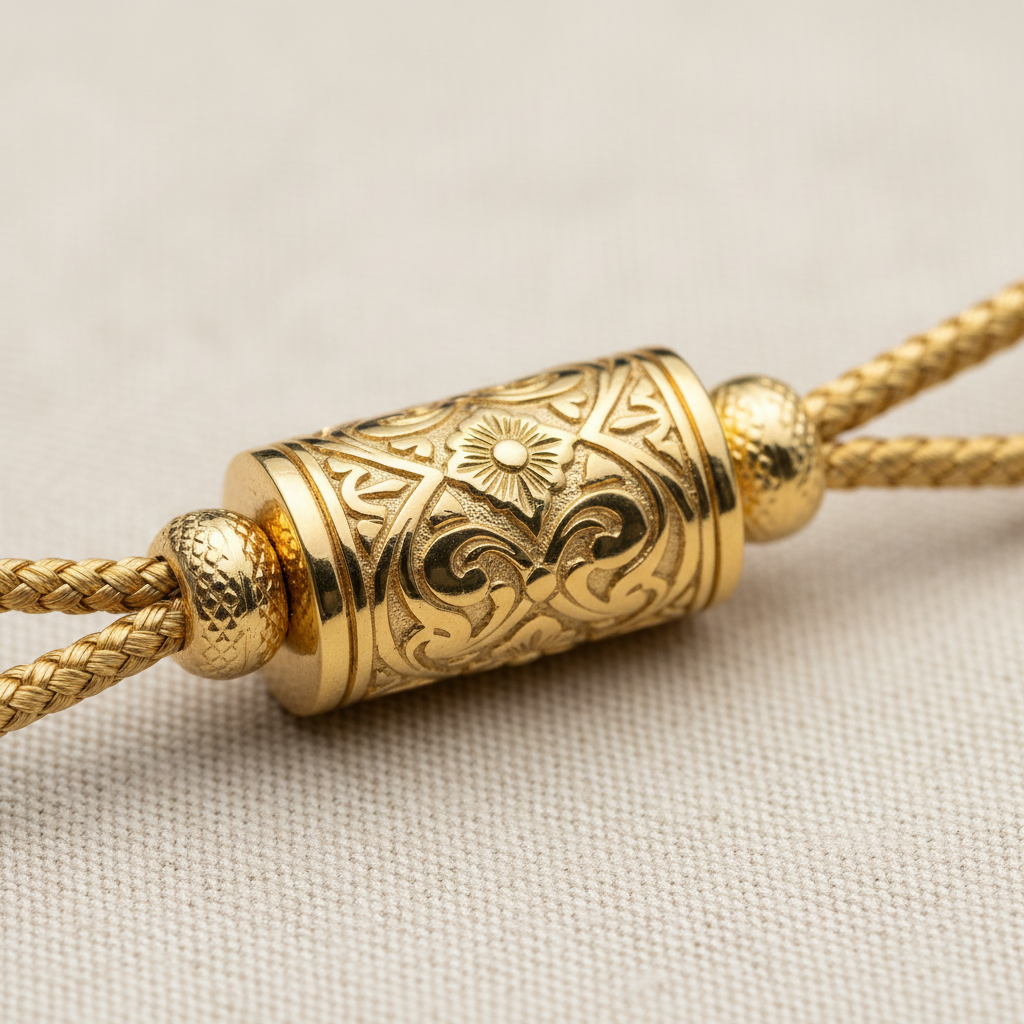 Ornate gold slider clasp close-up