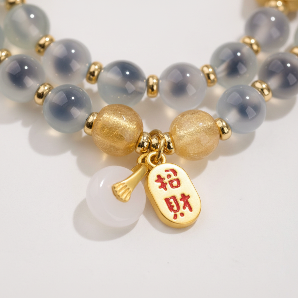Grey-White Candy Agate Double-Wrap Bracelet — Metal · Five Elements Collection
