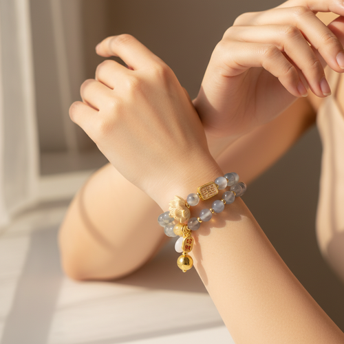 Grey-White Candy Agate Double-Wrap Bracelet — Metal · Five Elements Collection