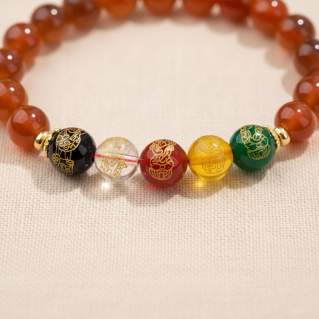 Red Candy Agate Five Gods of Wealth Bracelet — Fire · Five Elements Collection