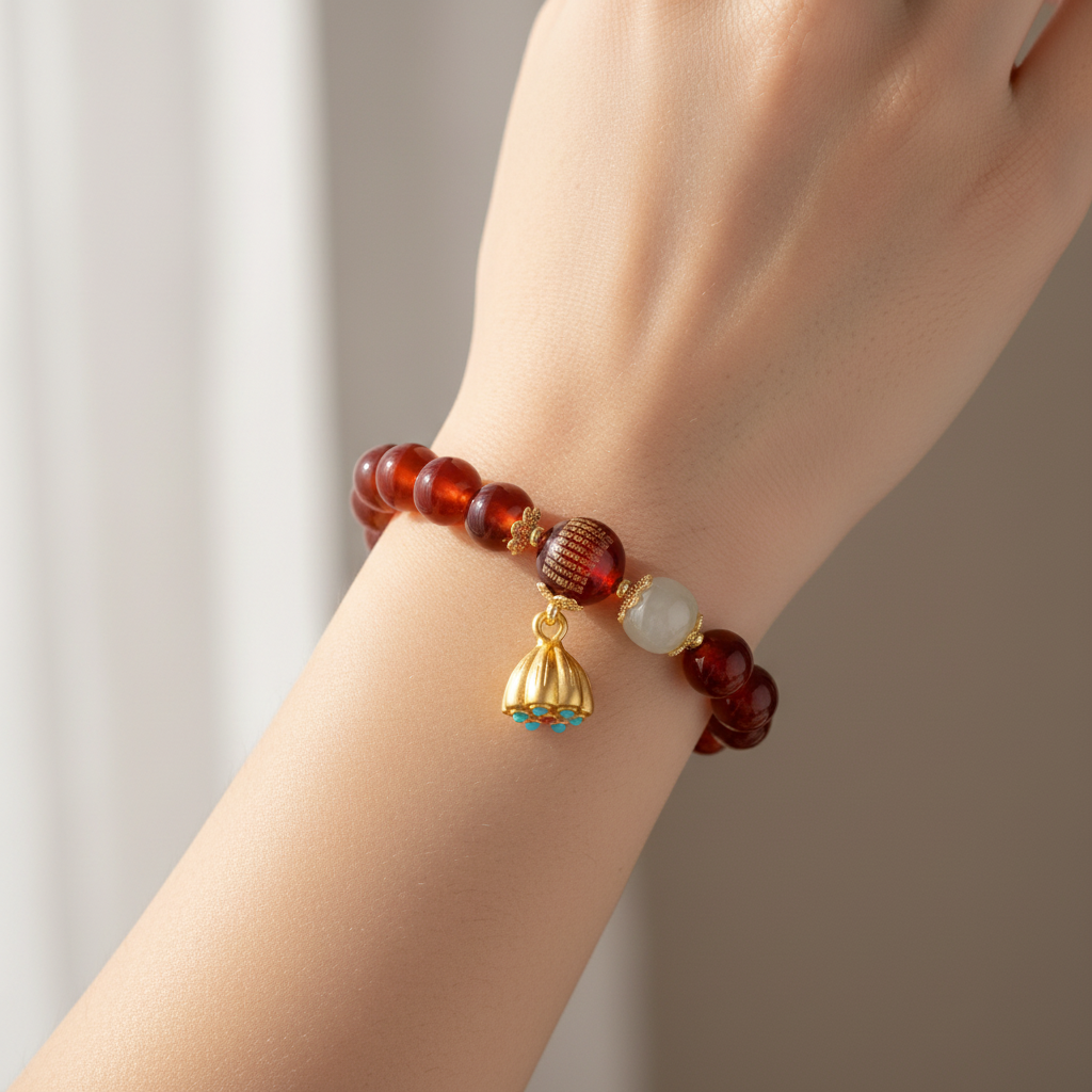 Red Candy Agate Heart Sutra & Hetian Jade Bracelet — Fire · Five Elements Collection