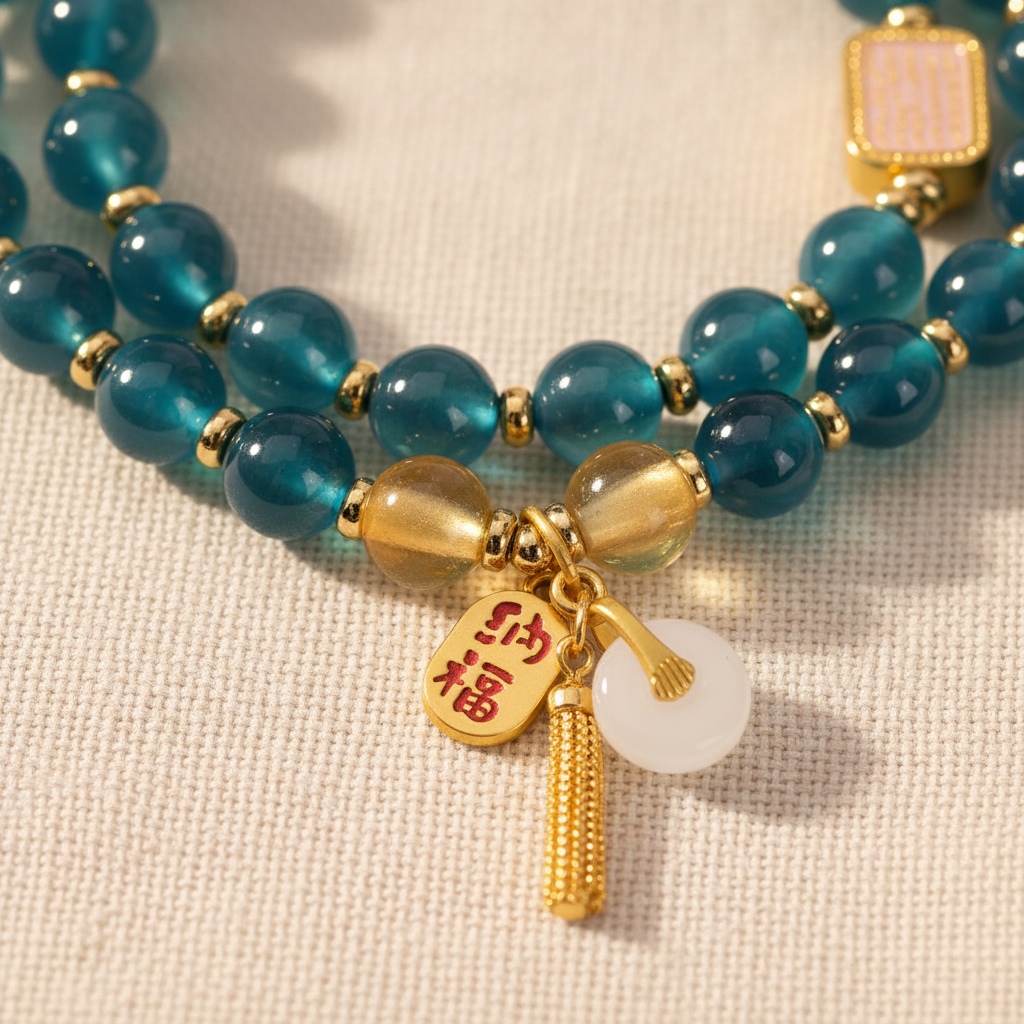 Blue Candy Agate Double Wrap Lucky Lotus Bracelet — Water · Five Elements Collection