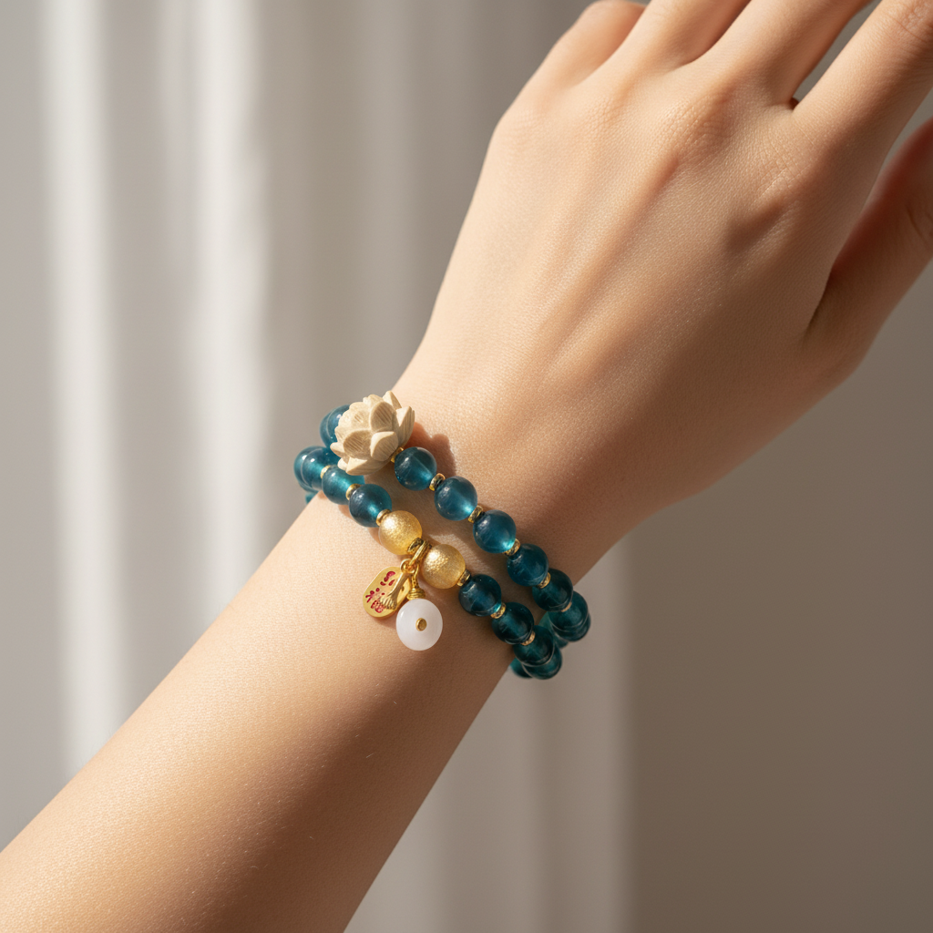 Blue Candy Agate Double Wrap Lucky Lotus Bracelet — Water · Five Elements Collection