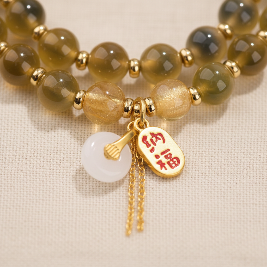 Yellow Candy Agate Double Wrap Lucky Lotus Bracelet — Earth · Five Elements Collection