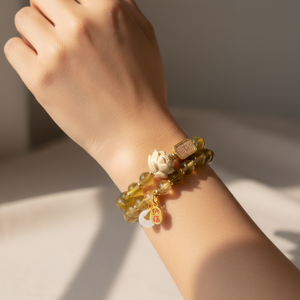 Yellow Candy Agate Double Wrap Lucky Lotus Bracelet — Earth · Five Elements Collection