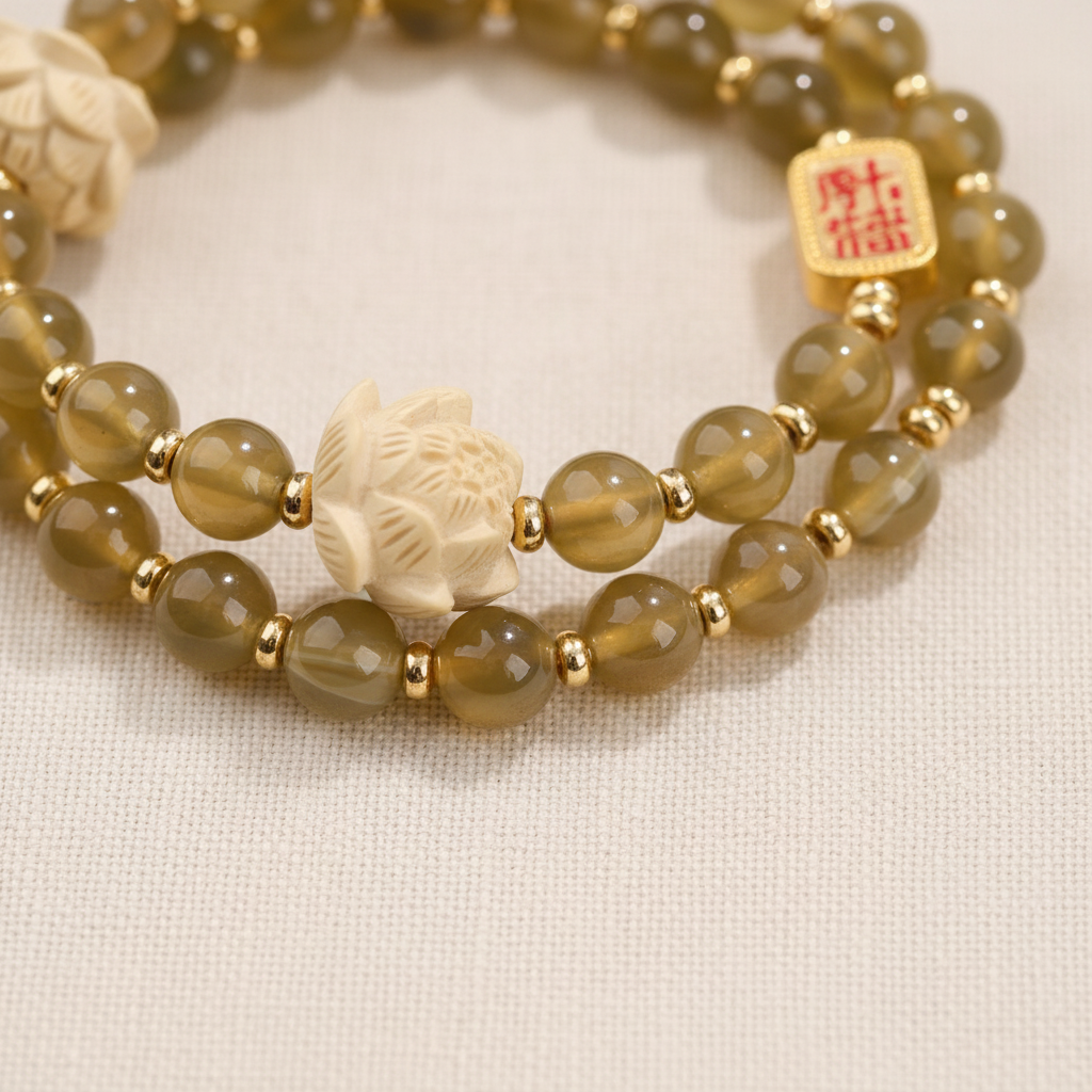 Yellow Candy Agate Double Wrap Lucky Lotus Bracelet — Earth · Five Elements Collection