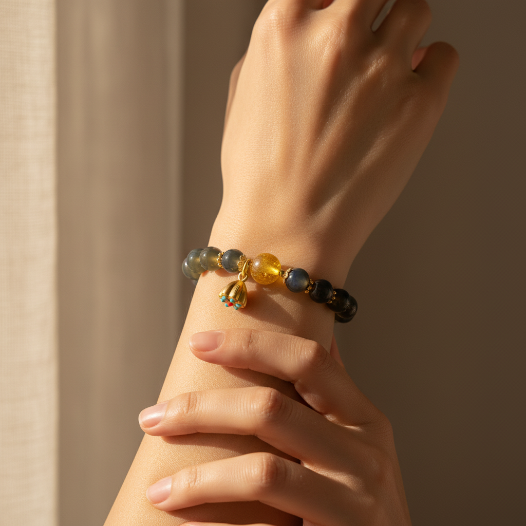 Blue Candy Agate Heart Sutra Bracelet with Natural Hetian Jade — Earth · Five Elements Collection