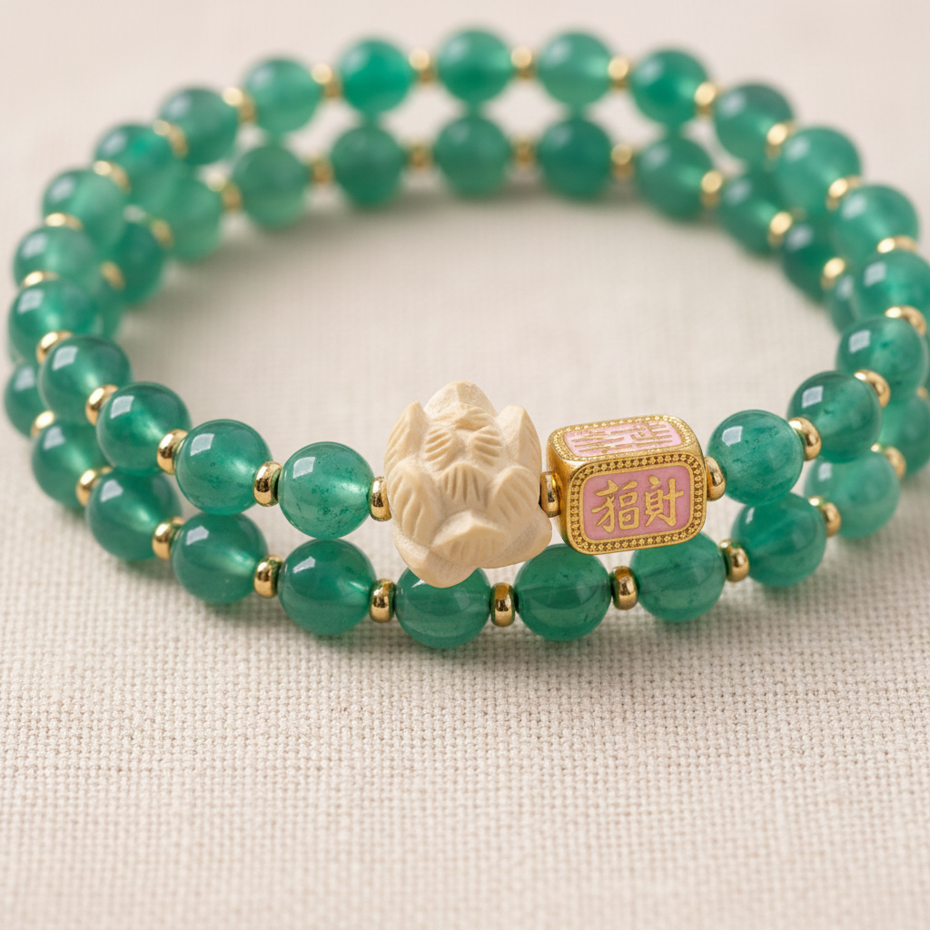Green Candy Agate Double Wrap Lucky Lotus Bracelet — Wood · Five Elements Collection