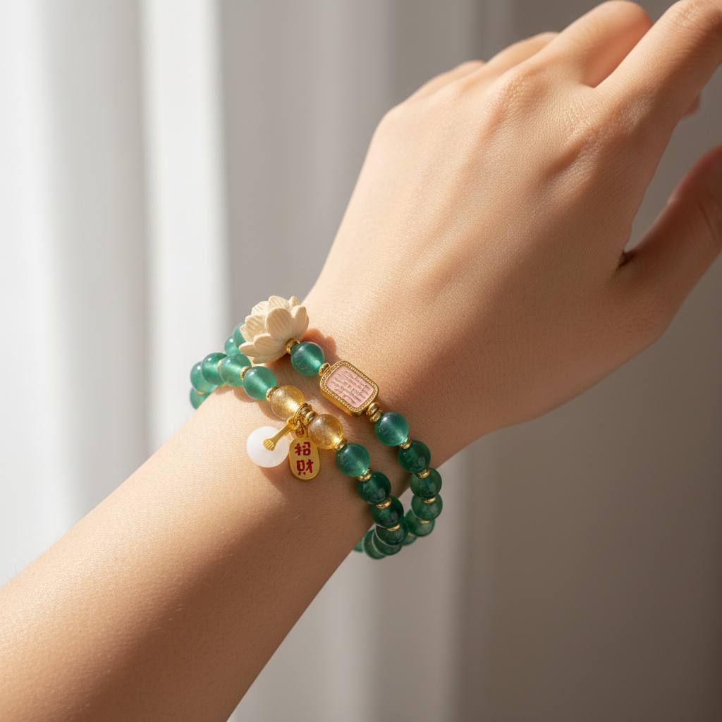 Green Candy Agate Double Wrap Lucky Lotus Bracelet — Wood · Five Elements Collection