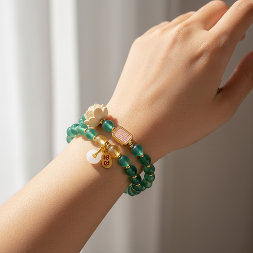 Pulsera de ágata Candy verde de doble vuelta Lucky Lotus — Colección Bloom