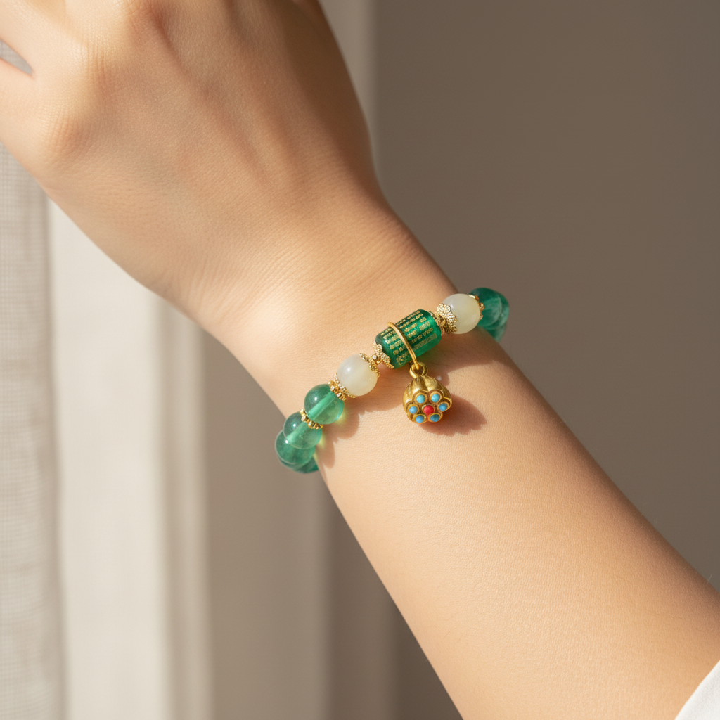 Green Candy Agate Heart Sutra Bracelet with Natural Hetian Jade — Bloom Collection