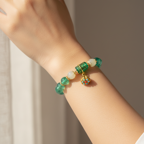 Pulsera Sutra del Corazón de Ágata de Caramelo Verde con Jade Hetiano Natural — Colección Bloom