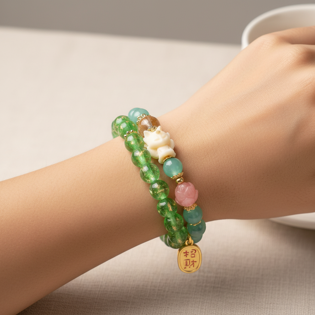 Green Candy Agate Lucky Lotus Phoenix Bracelet — Bloom Collection