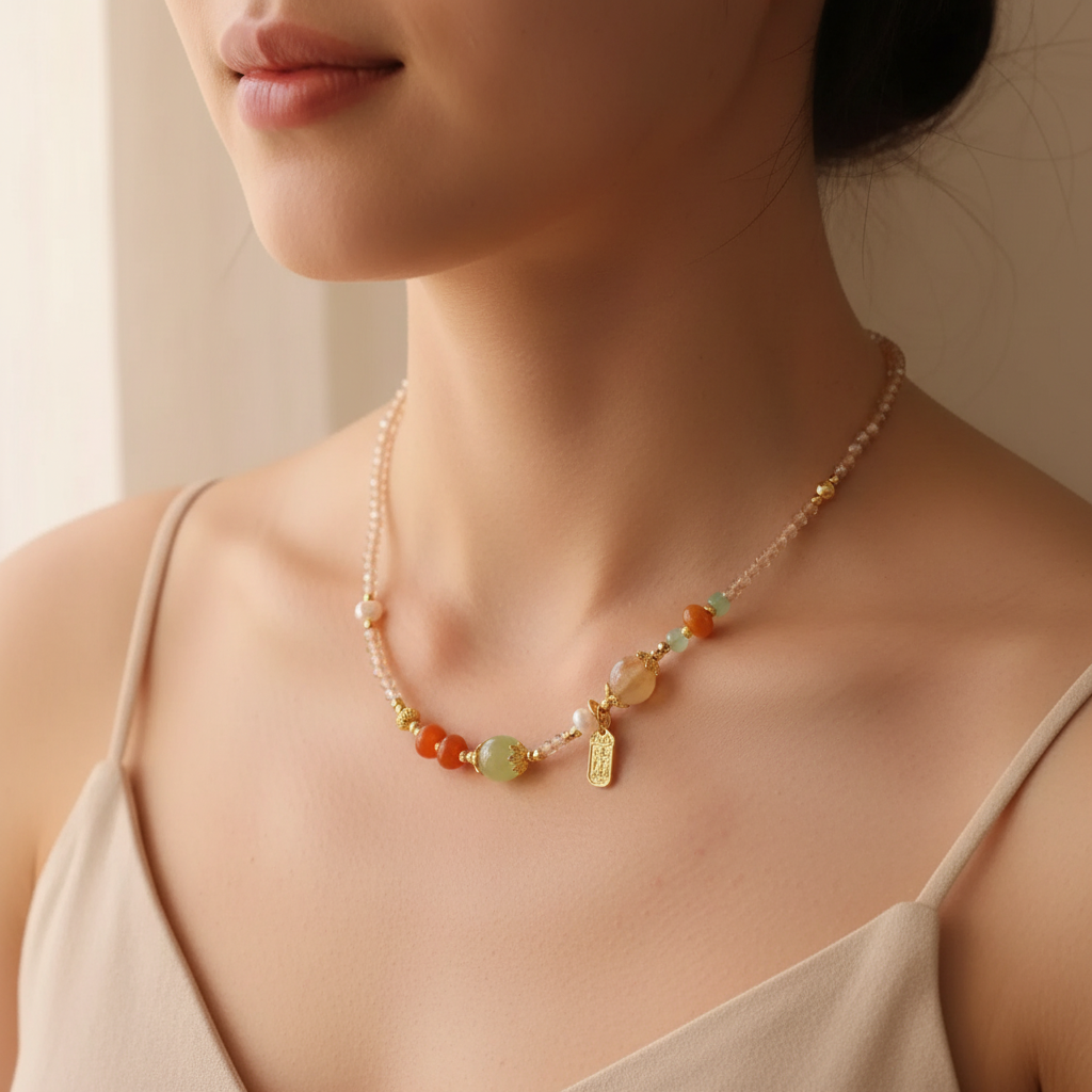 Freshwater Pearl & Carnelian Jade Necklace II — Radiance Collection