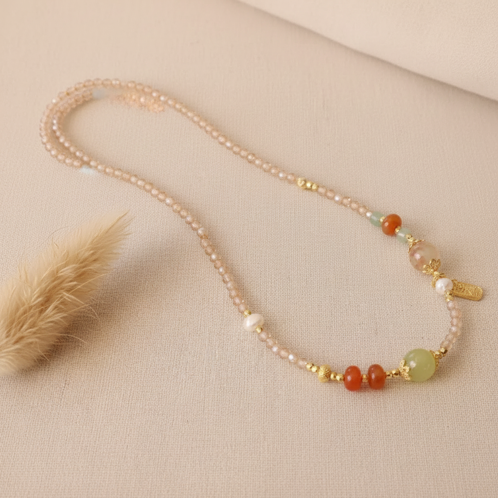 Freshwater Pearl & Carnelian Jade Necklace II — Radiance Collection