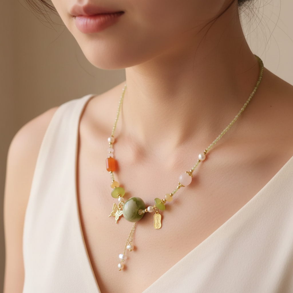 Green Jade & Carnelian Butterfly Necklace — Bloom Collection