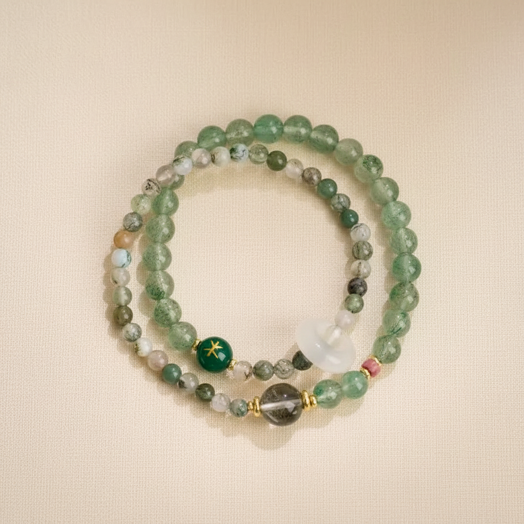 Pulsera de doble vuelta de Cuarzo Fresa y Ágata Hierba Acuática — Colección Bloom