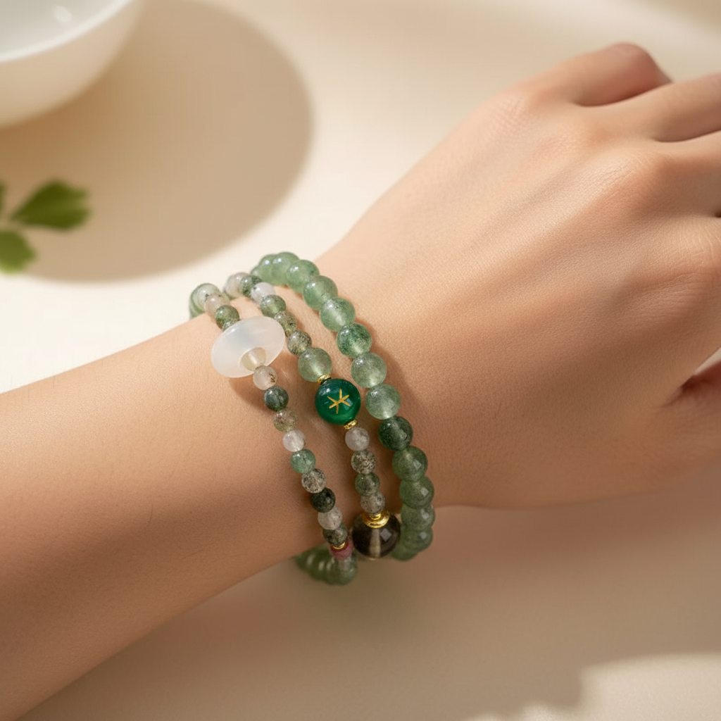Pulsera de doble vuelta de Cuarzo Fresa y Ágata Hierba Acuática — Colección Bloom