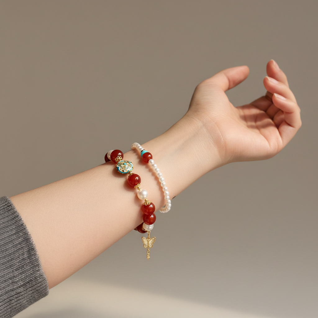 Juego de pulseras de perlas de cornalina Hong Su y Yue Po — Colección Pétalo Escarchado