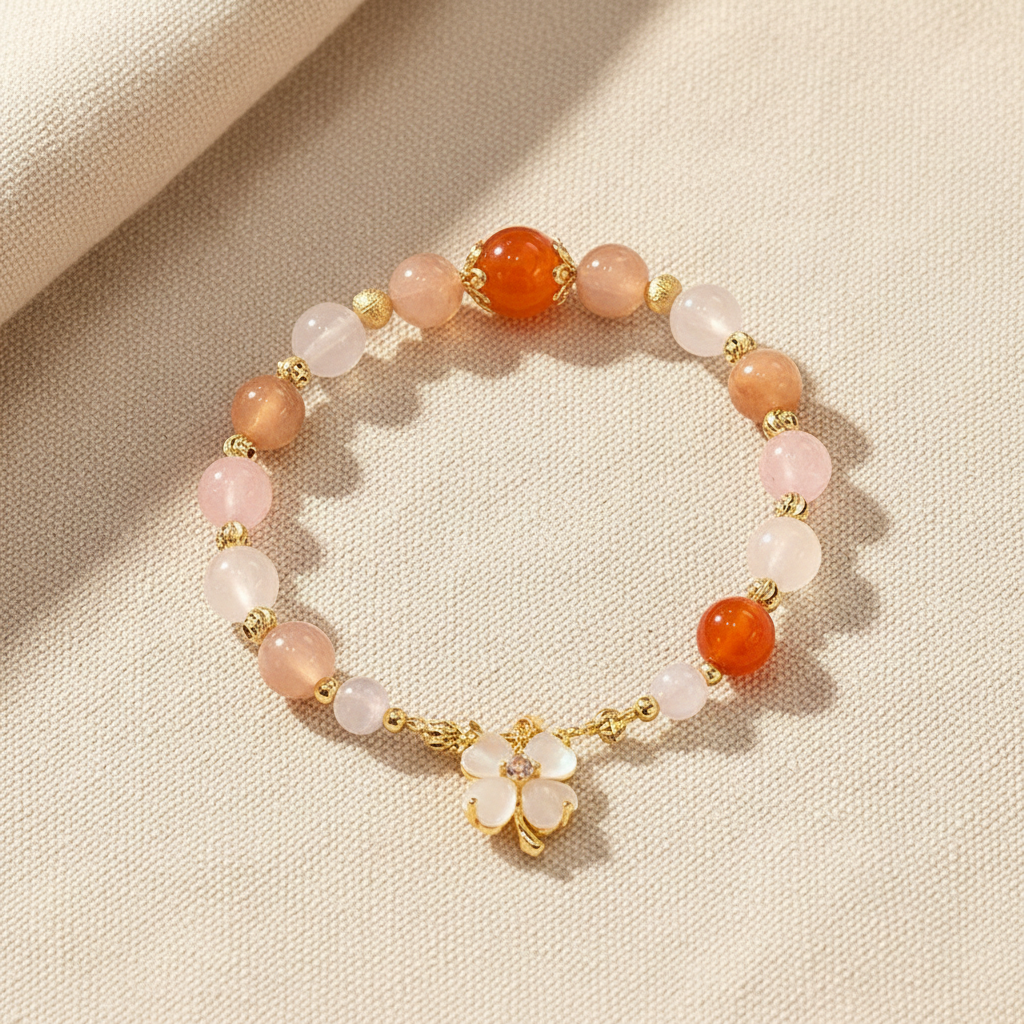 Red Carnelian & Peach Moonstone Flower Bracelet — Frost Petal Collection