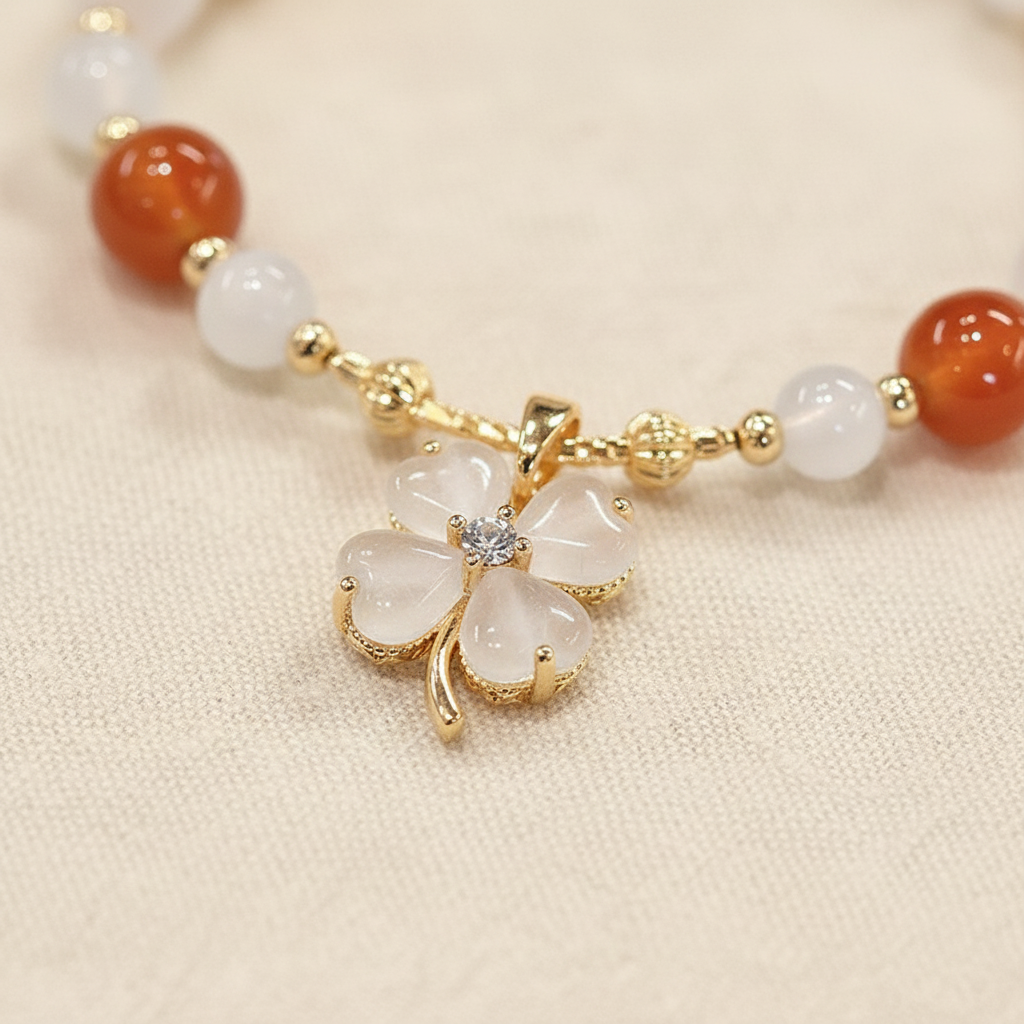 Red Carnelian & Peach Moonstone Flower Bracelet — Frost Petal Collection