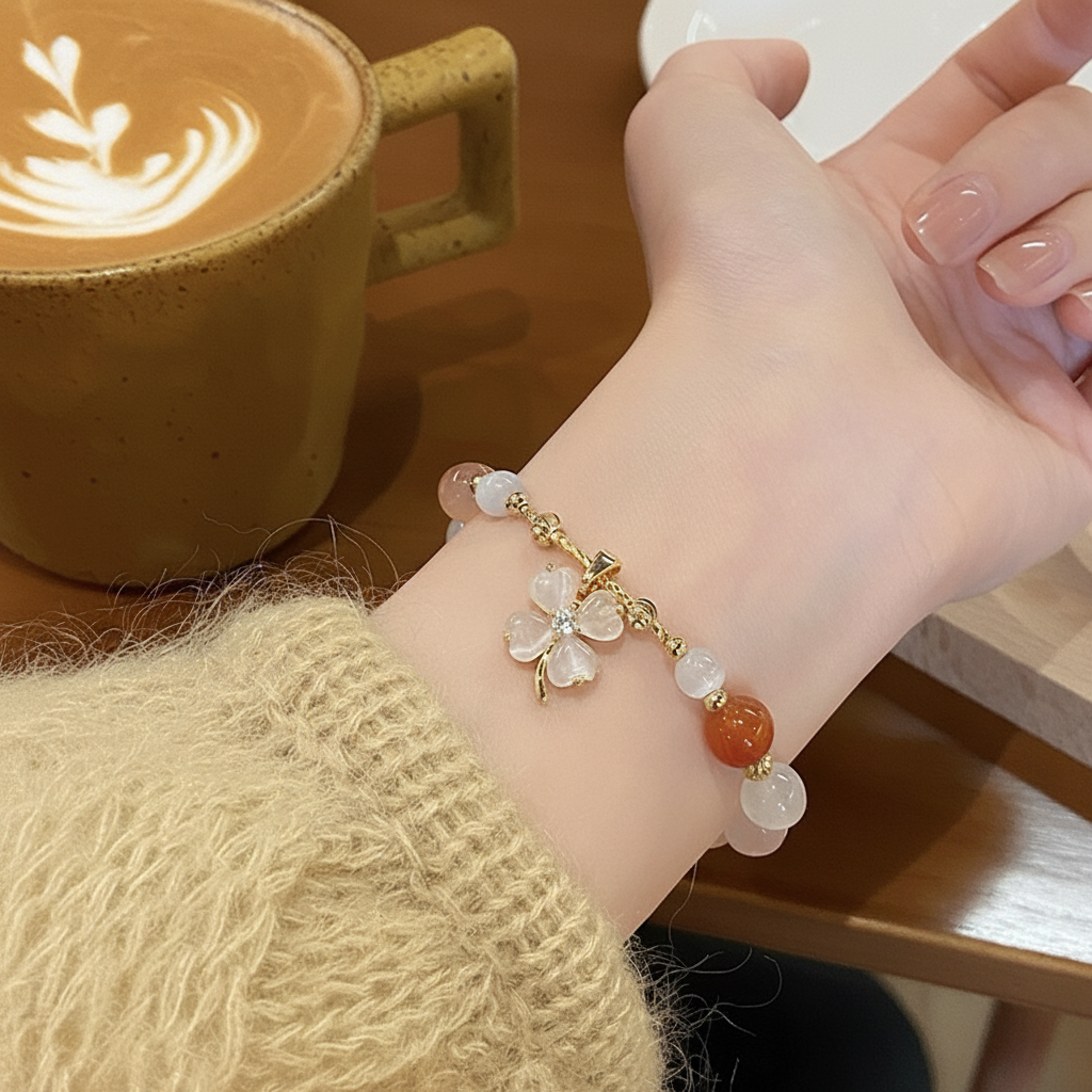 Red Carnelian & Peach Moonstone Flower Bracelet — Frost Petal Collection