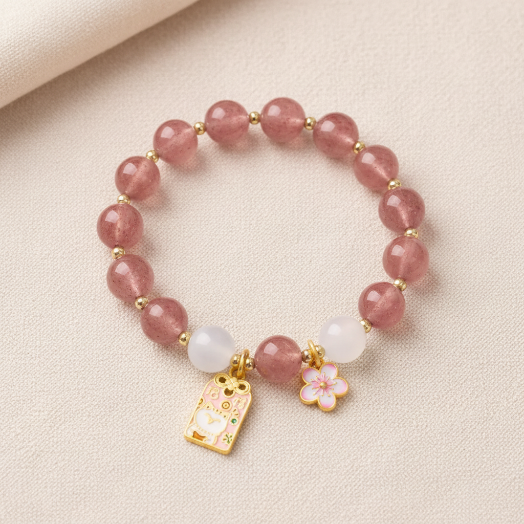 Strawberry Quartz & Lucky Cat Charm Bracelet — Frost Petal Collection
