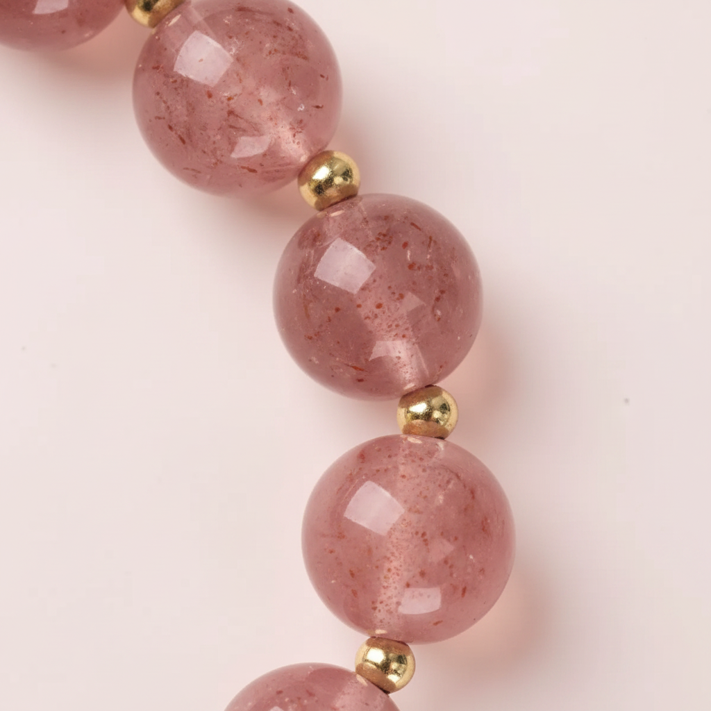 Strawberry Quartz & Lucky Cat Charm Bracelet — Frost Petal Collection