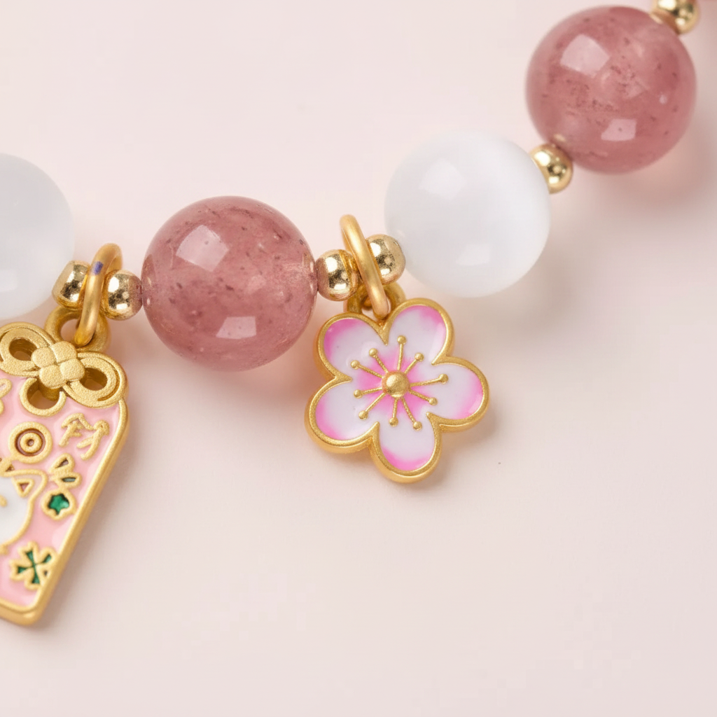 Strawberry Quartz & Lucky Cat Charm Bracelet — Frost Petal Collection