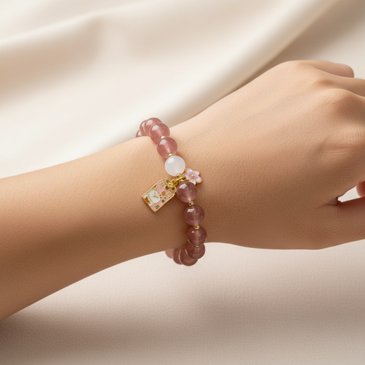 Strawberry Quartz & Lucky Cat Charm Bracelet — Frost Petal Collection