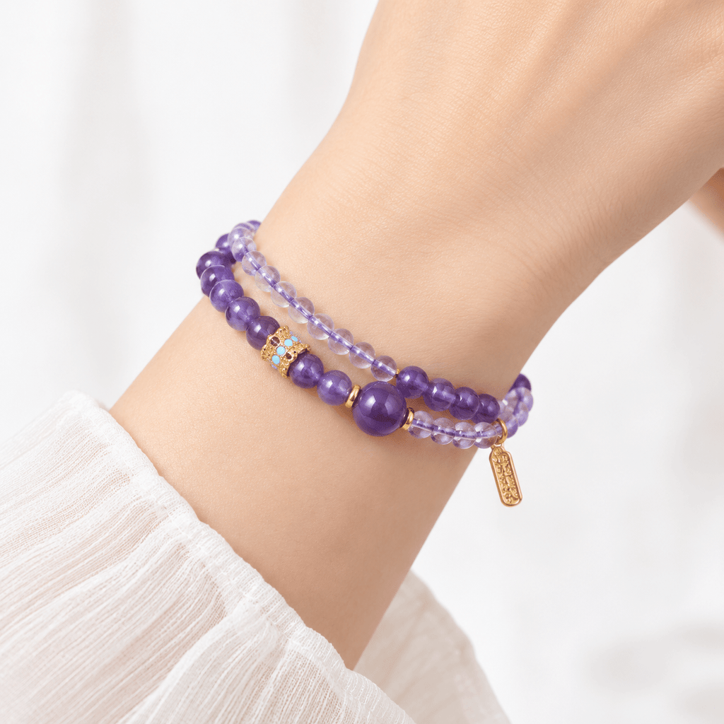 Amethyst & Crystal Quartz Lucky Sign Double-Wrap Bracelet - Ocean Rielle Studio