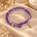Amethyst & Crystal Quartz Lucky Sign Double-Wrap Bracelet - Ocean Rielle Studio