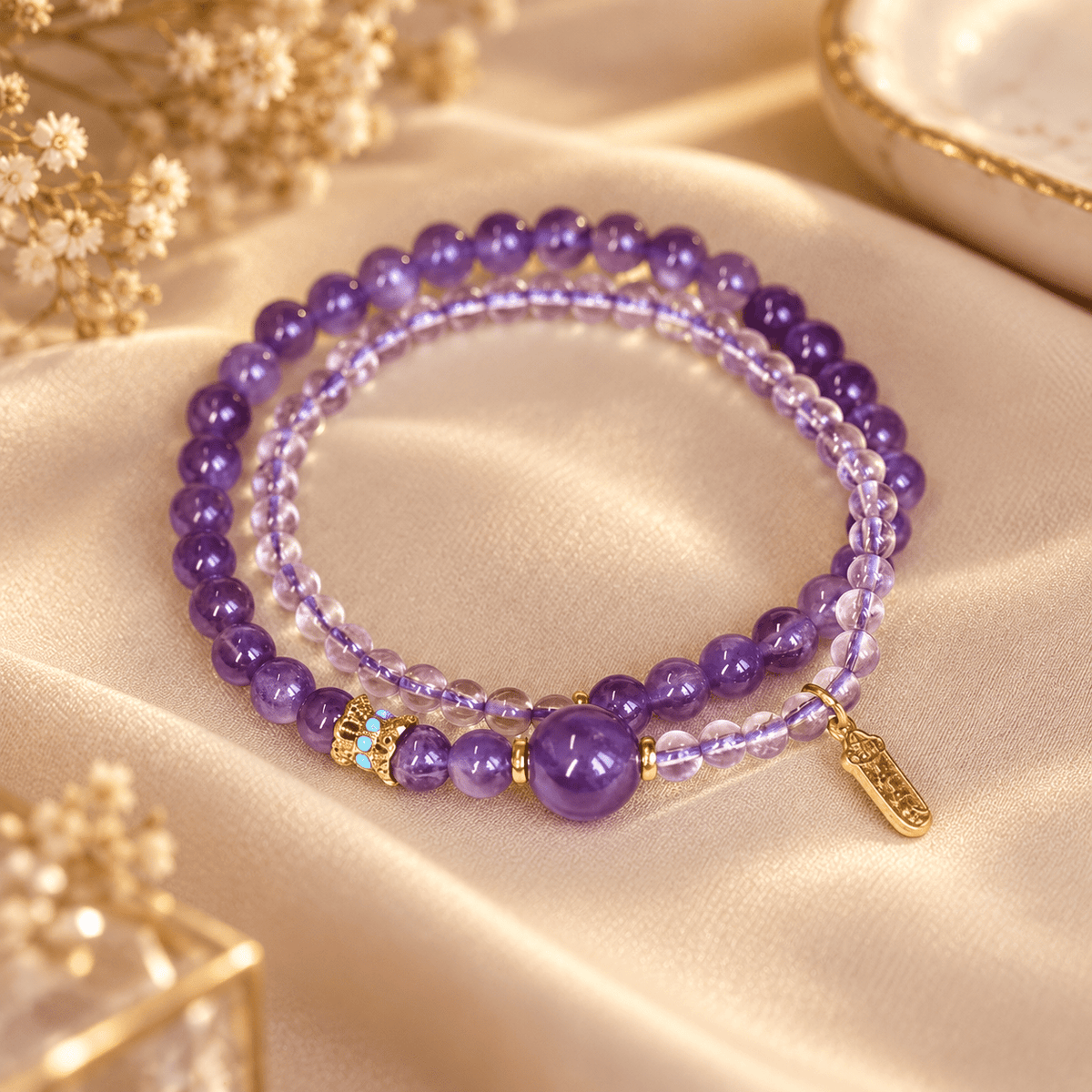Amethyst & Crystal Quartz Lucky Sign Double-Wrap Bracelet - Ocean Rielle Studio