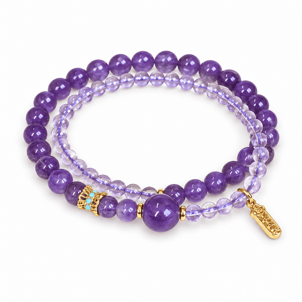 Amethyst & Crystal Quartz Lucky Sign Double-Wrap Bracelet - Ocean Rielle Studio
