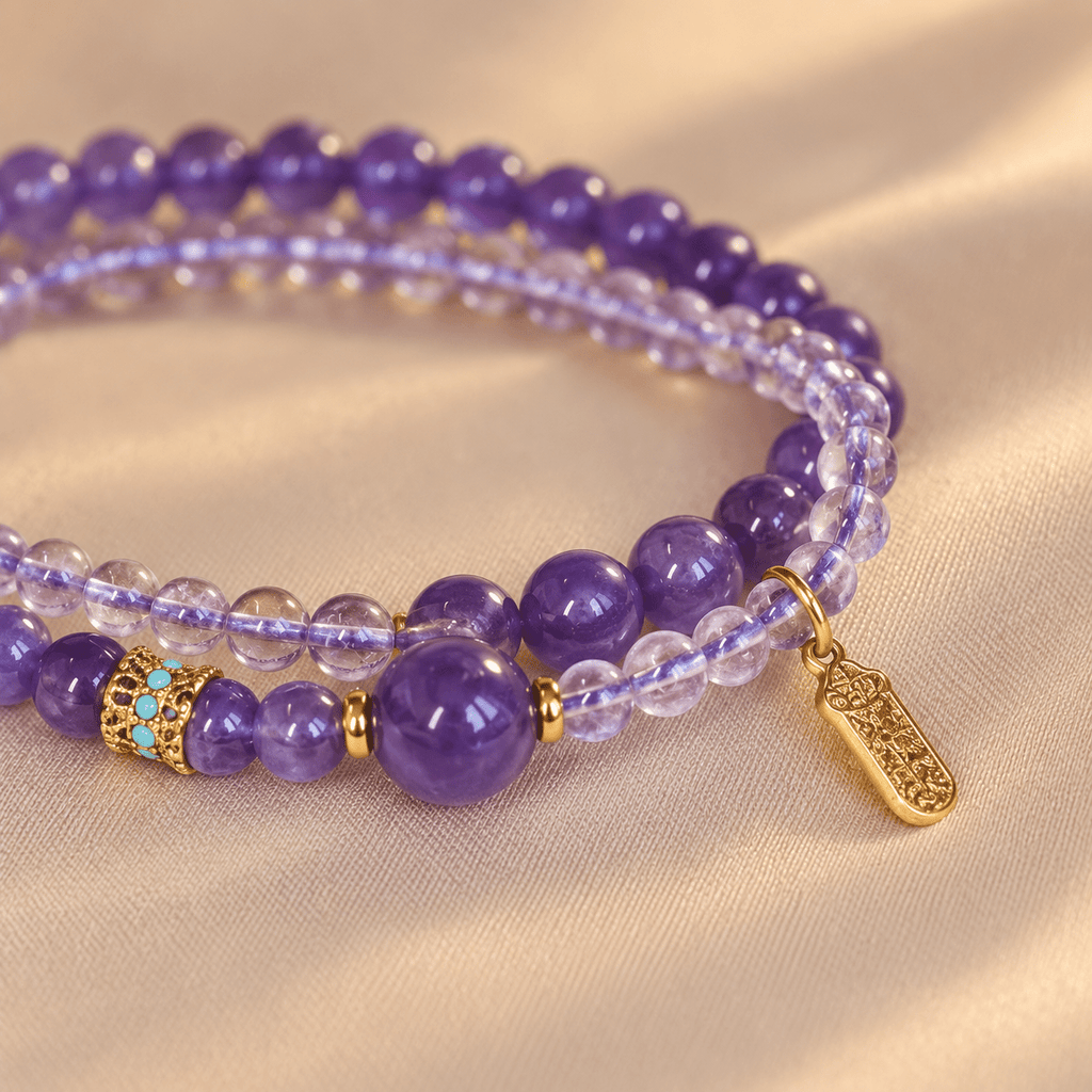 Amethyst & Crystal Quartz Lucky Sign Double-Wrap Bracelet - Ocean Rielle Studio