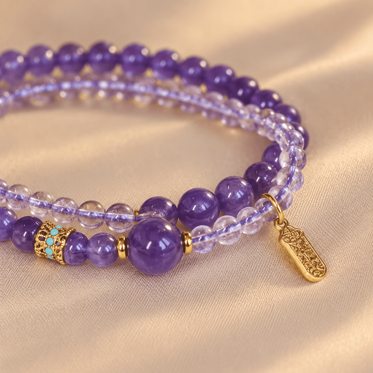 Amethyst & Crystal Quartz Lucky Sign Double-Wrap Bracelet - Ocean Rielle Studio