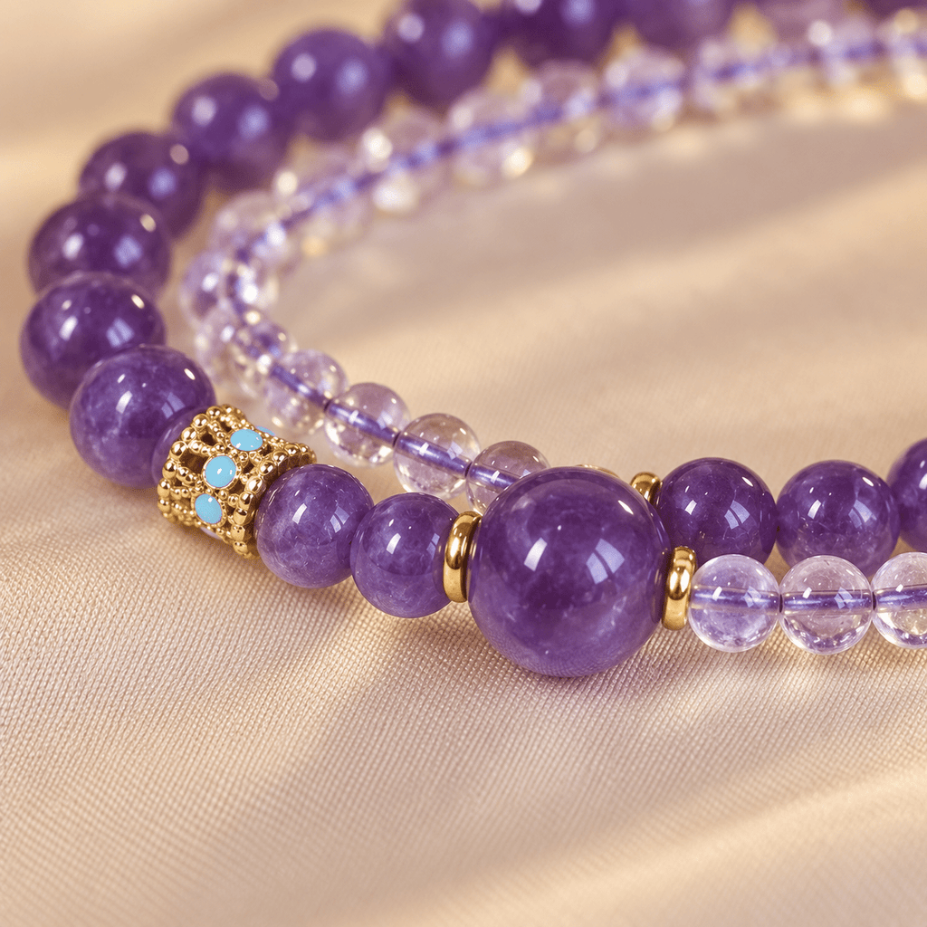 Amethyst & Crystal Quartz Lucky Sign Double-Wrap Bracelet - Ocean Rielle Studio