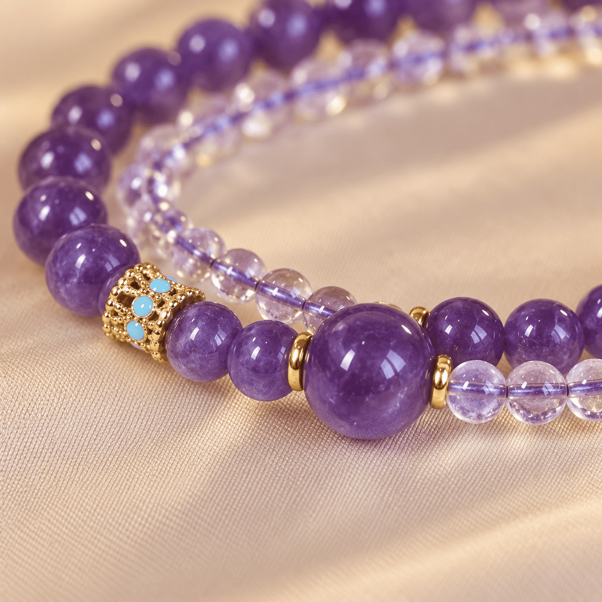 Amethyst & Crystal Quartz Lucky Sign Double-Wrap Bracelet - Ocean Rielle Studio