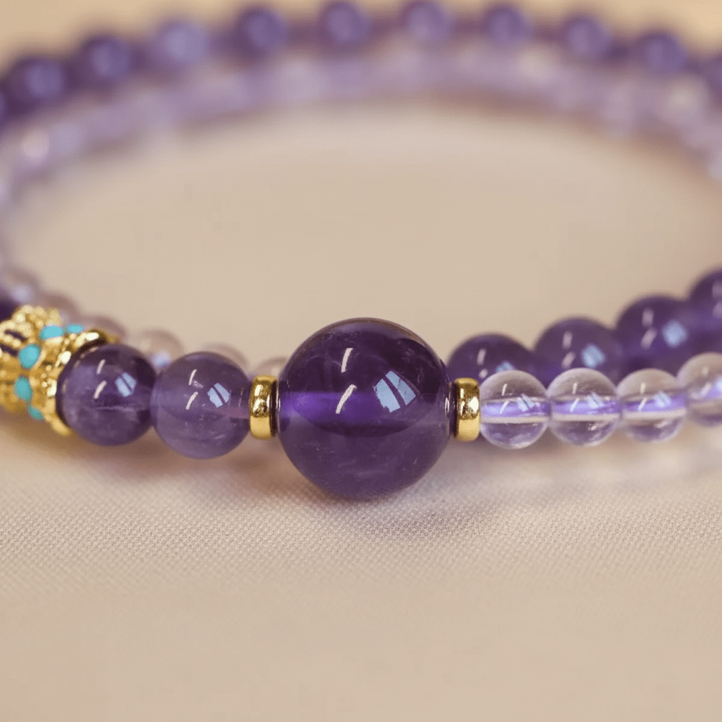 Amethyst & Crystal Quartz Lucky Sign Double-Wrap Bracelet — Twilight Collection - Ocean Rielle Studio