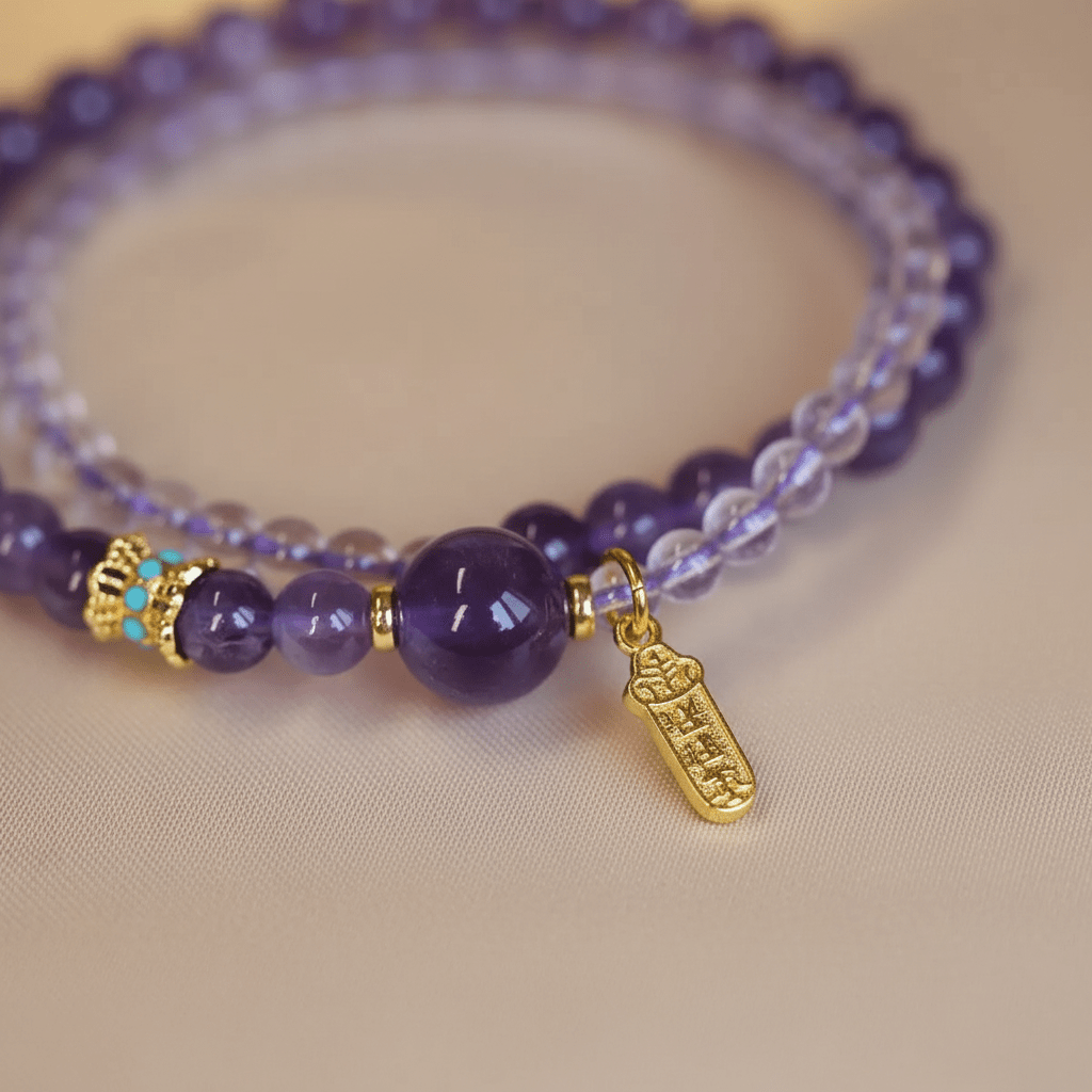 Amethyst & Crystal Quartz Lucky Sign Double-Wrap Bracelet — Twilight Collection - Ocean Rielle Studio