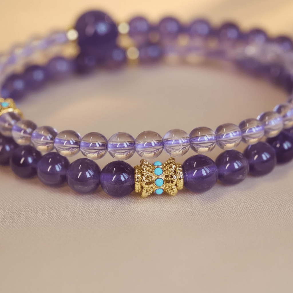 Amethyst & Crystal Quartz Lucky Sign Double-Wrap Bracelet — Twilight Collection - Ocean Rielle Studio