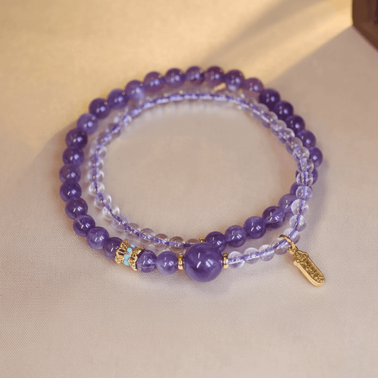 Amethyst & Crystal Quartz Lucky Sign Double-Wrap Bracelet — Twilight Collection - Ocean Rielle Studio