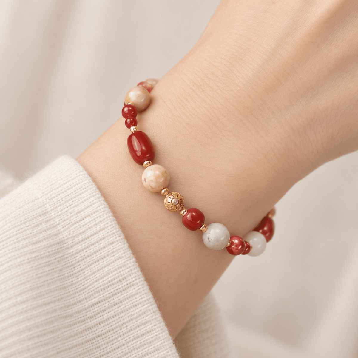 Barrel-Shaped Red Agate & Cherry Nanhong Bracelet - Ocean Rielle Studio