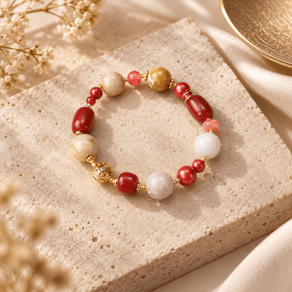 Barrel-Shaped Red Agate & Cherry Nanhong Bracelet - Ocean Rielle Studio