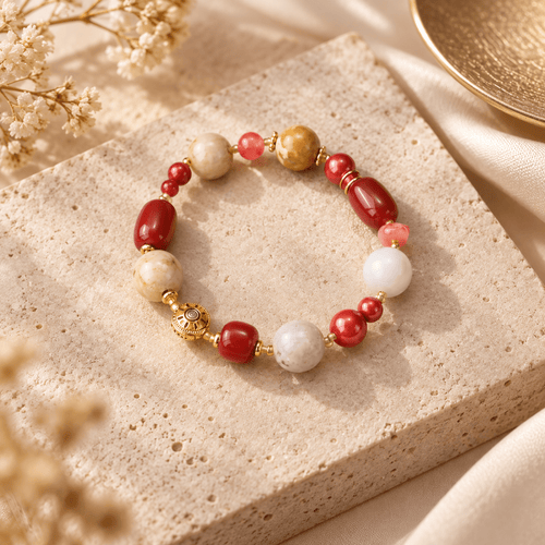 Barrel-Shaped Red Agate & Cherry Nanhong Bracelet - Ocean Rielle Studio